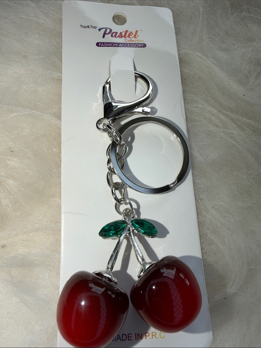 Pastel NWT CHERRIES key chai/bag charm.red W/grn leaves, silver tone